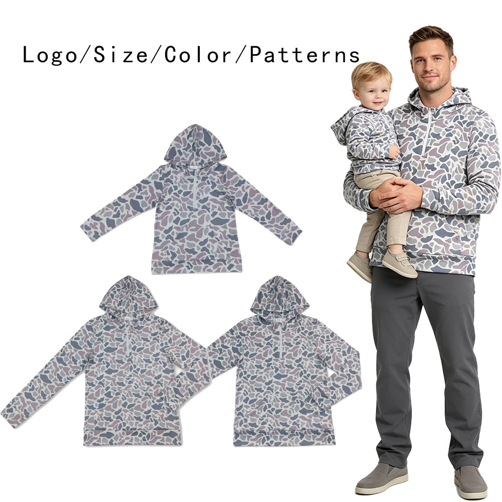 RTS NO MOQ Sibling milk silk Adult To Match Kids Grey Camo Long Sleeve Zip Pocket Hoodies Casual Tops