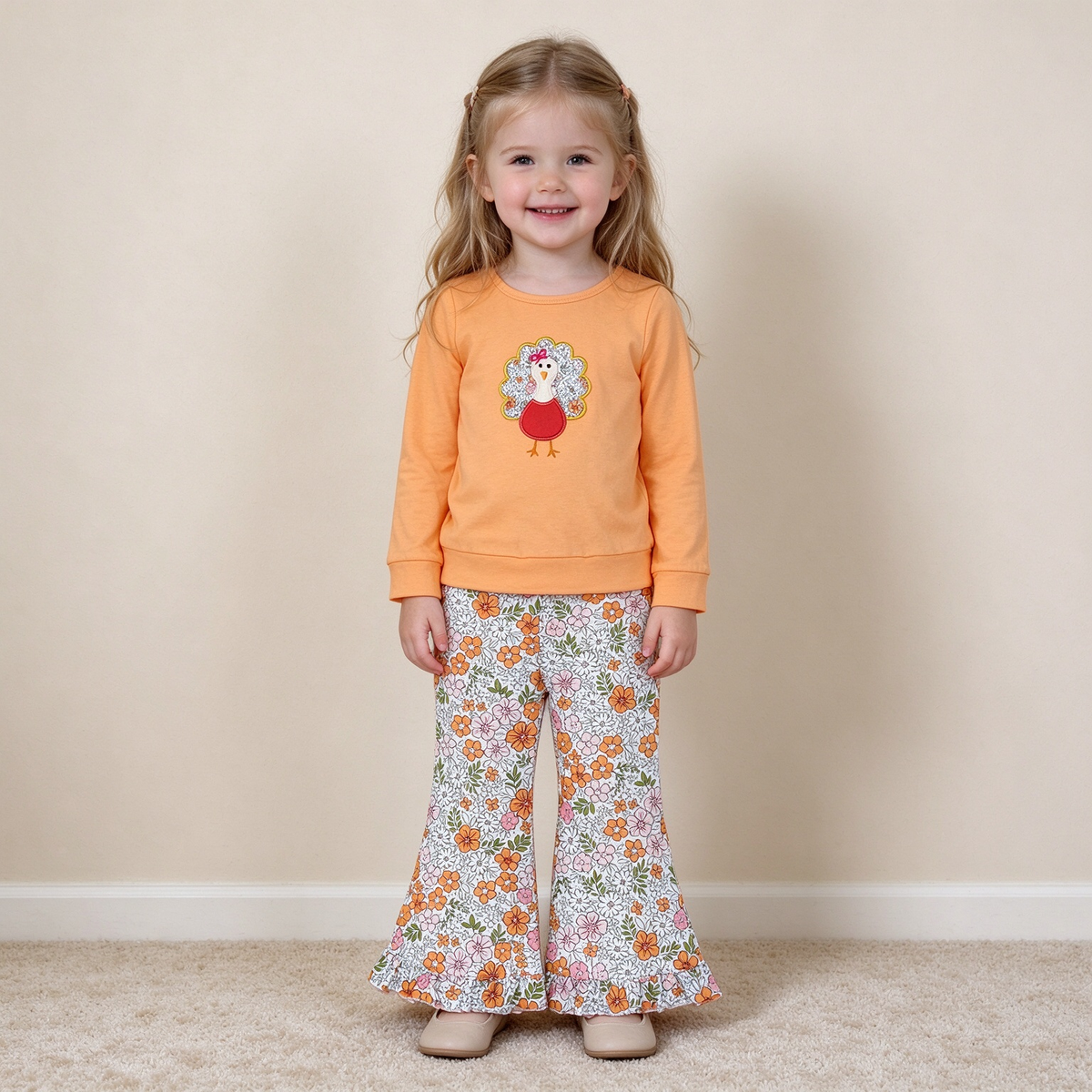 NEW RTS NO MOQ milk silk GLP3563 Embroidery Turkey Flowers Baby Girls Top Bell Bottom Pants Thanksgiving Outfit