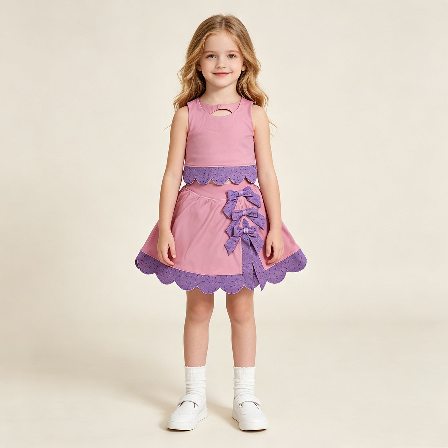 RTS NO MOQ yoga fabric GSD3319 Baby Girls Pink Purple Vest With Bows And Skort Scallop Trim Yoga Outfit