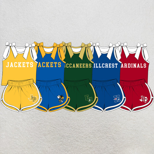 custom moq 5 mix size  XY072202 Baby Girls Solid Color Bow Sleeveless Letter Printed Top Shorts Summer Team Clothes Set