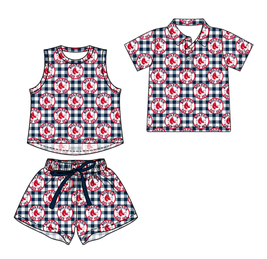 Custom moq 5 mix size milk silk summer teams Checked Girls Sleeveless Top And Short Sets Boys Short Sleeve Button Polo Shirt Top