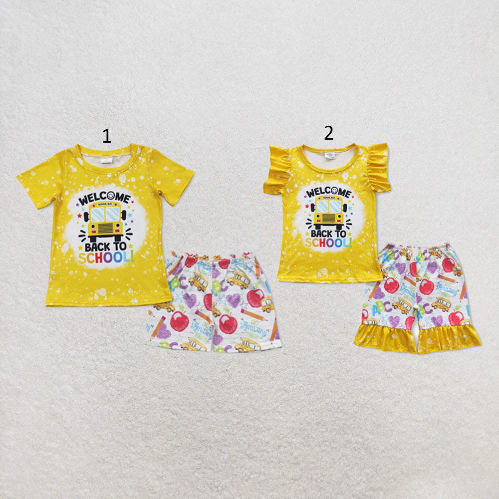RTS NO MOQ Sibling milk silk Baby Girls Boys School Bus Print Top Shorts Back To School Casual Outfit (2T-14-16T）