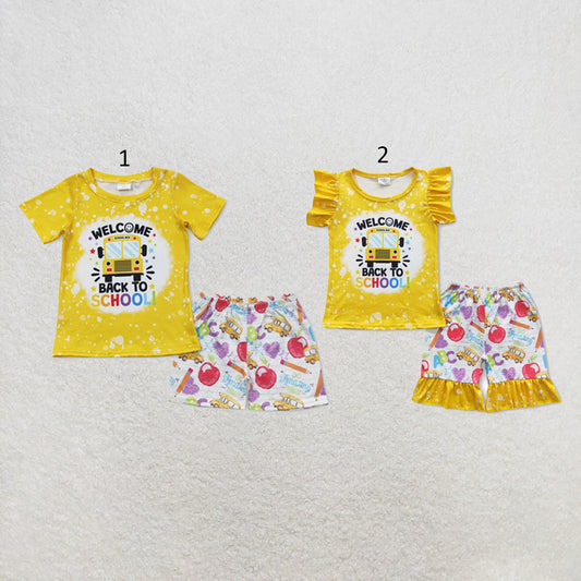 RTS NO MOQ Sibling milk silk Baby Girls Boys School Bus Print Top Shorts Back To School Casual Outfit (2T-14-16T）
