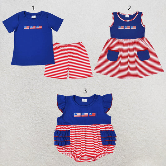 RTS NO MOQ Sibling milk silk Baby Girls Boys Summer 4th Of July Flag Print Tops And Shorts Clothes Set Dress Rompers