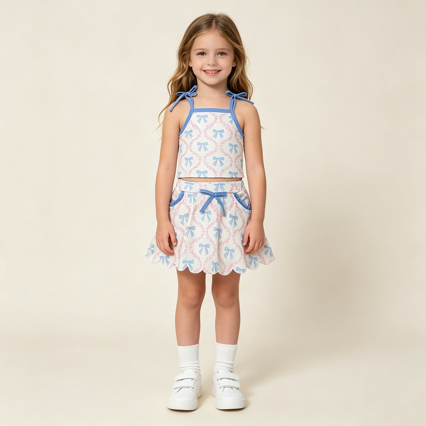 RTS NO MOQ milk silk GSD3727 Baby Girls Strap Bow Floral Top Scallop Pocket Skort Active Set