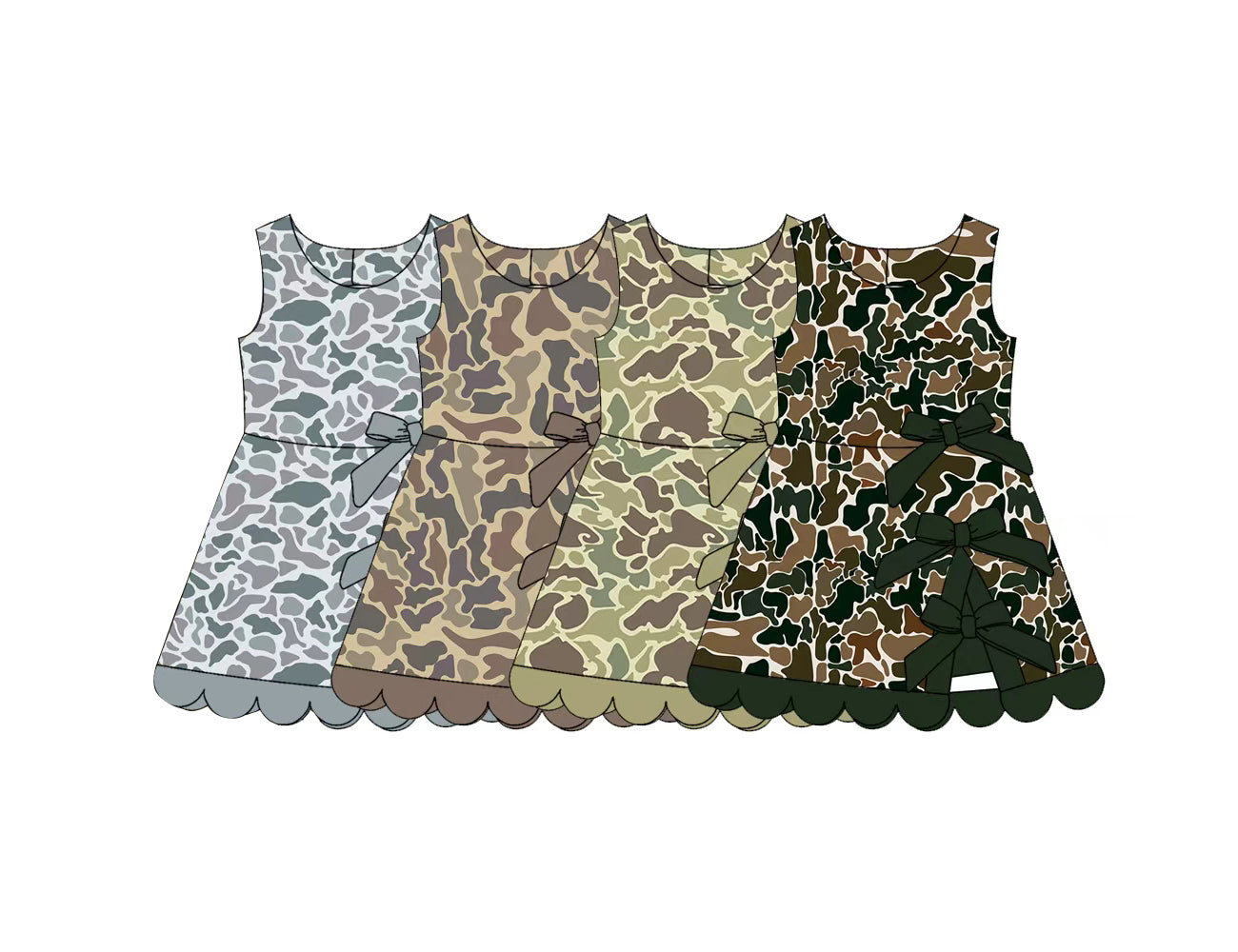 (Preorder new) No moq milk silk Baby Girls Camo Yoga Active Scallop Bows Short Knee Length Dress