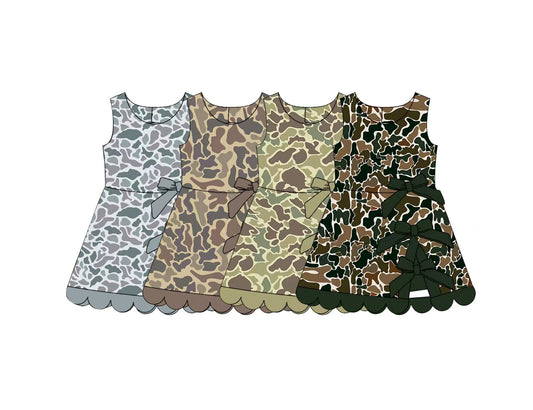 (Preorder new) No moq milk silk Baby Girls Camo Yoga Active Scallop Bows Short Knee Length Dress