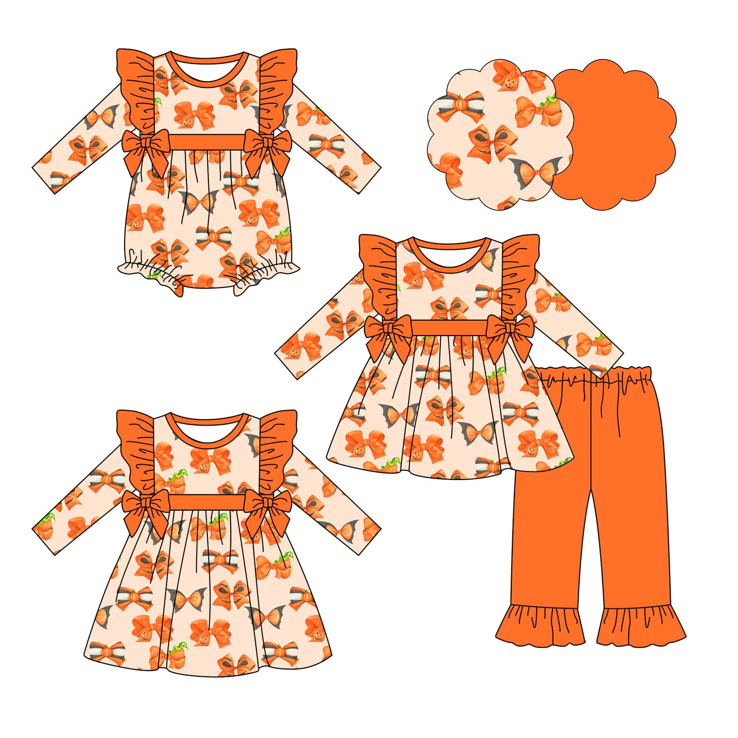25.6.19 custom each style moq 5eta 4-6week Sibling Sisters bow orange baby girl long sleeve pants sets and dress and rompers match family design