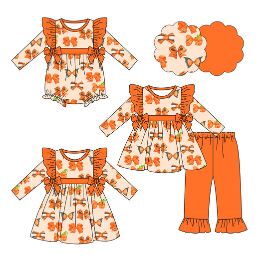 25.6.19 custom each style moq 5eta 4-6week Sibling Sisters bow orange baby girl long sleeve pants sets and dress and rompers match family design