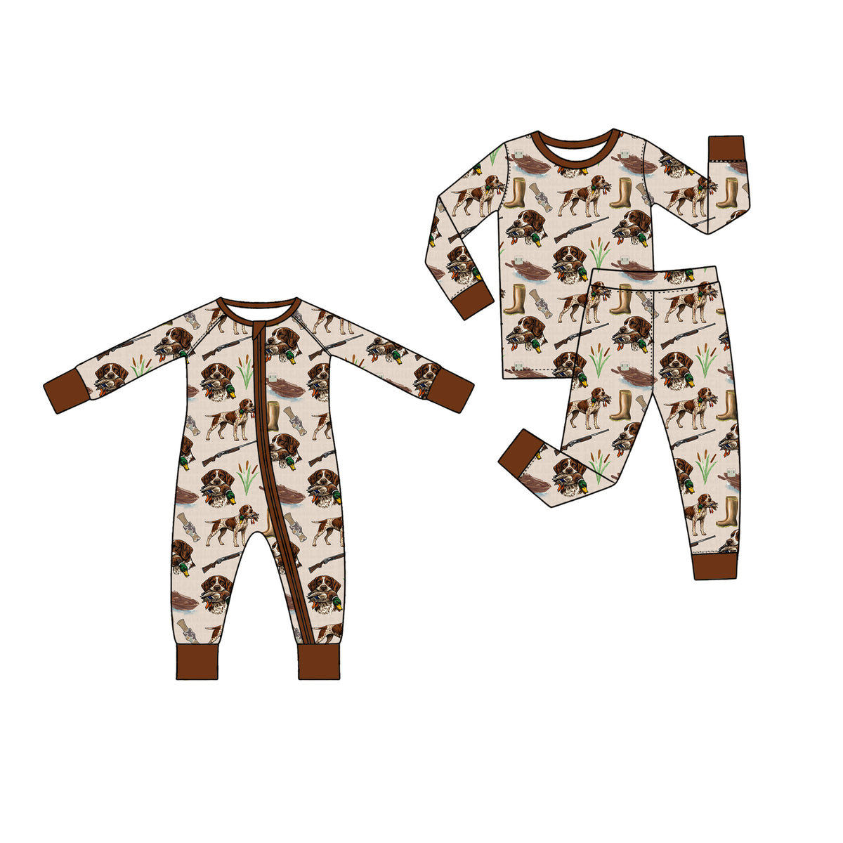 (Preorder new) No moq Baby Boys Duck Hunting Dog Print Zipper Romper And Long Sleeve Top Pant Pajama Set