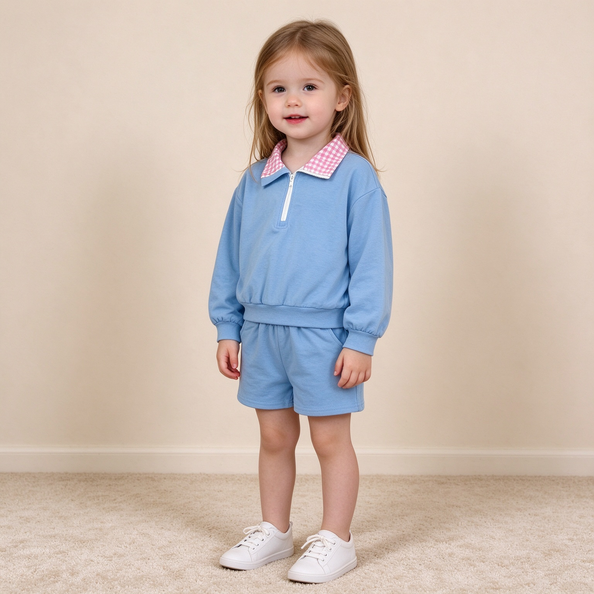 NEW RTS NO MOQ cotton GLS0228 Baby Girls Blue Long Sleeve Zip Front Pullover Side Pockets Short Set