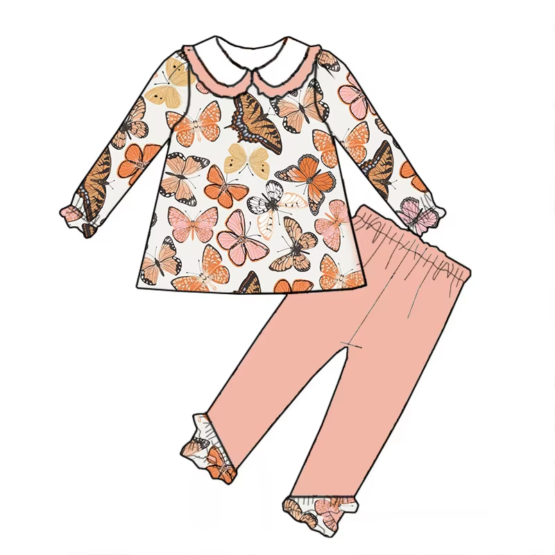 Custom moq 3 eta 6-8weeks  Colorful Butterfly Lotus Root Pink Doll Collar Long Sleeve Suit