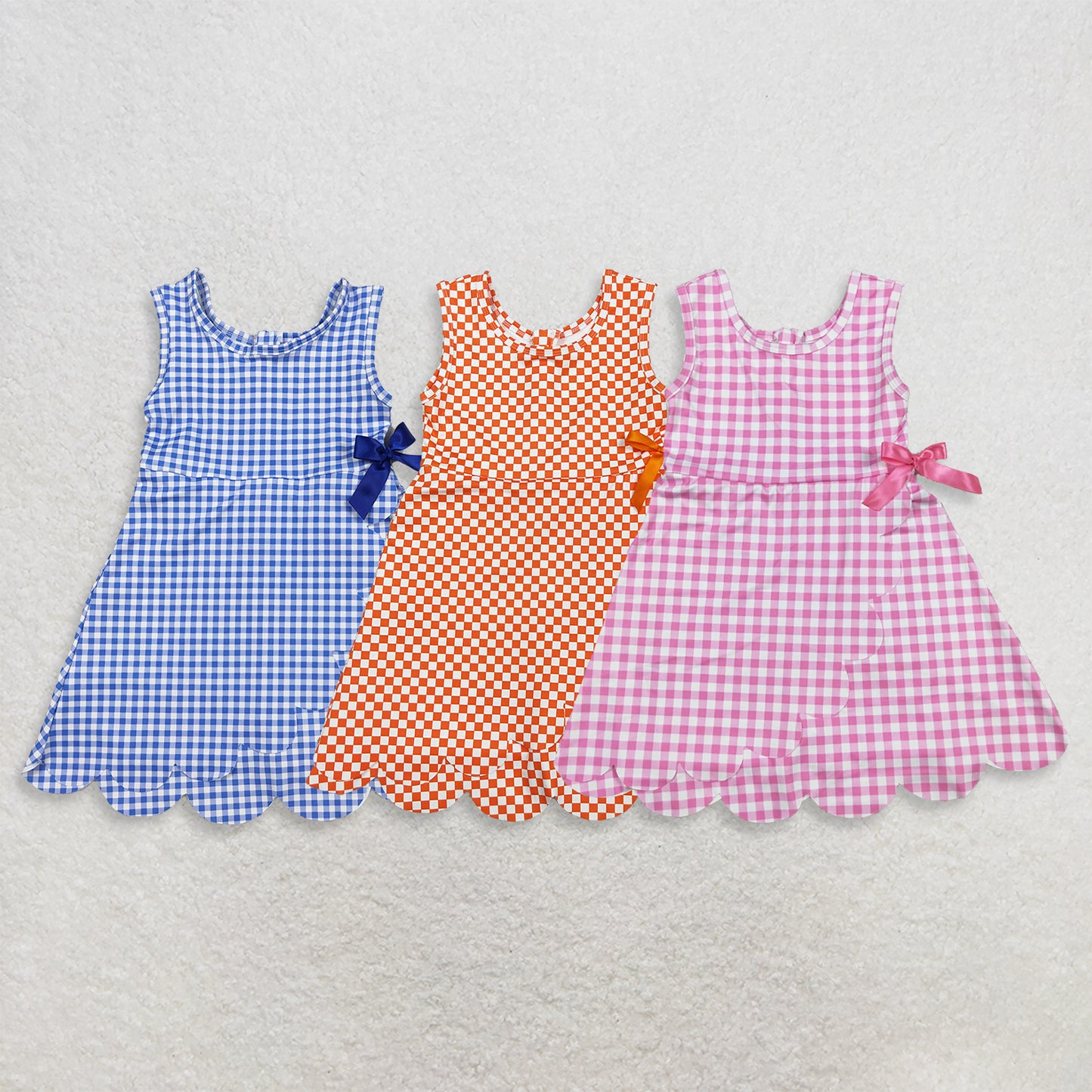 RTS NO MOQ Sibling yoga fabric Baby  Girls Summer Checked Yoga Active Scallop Dresses