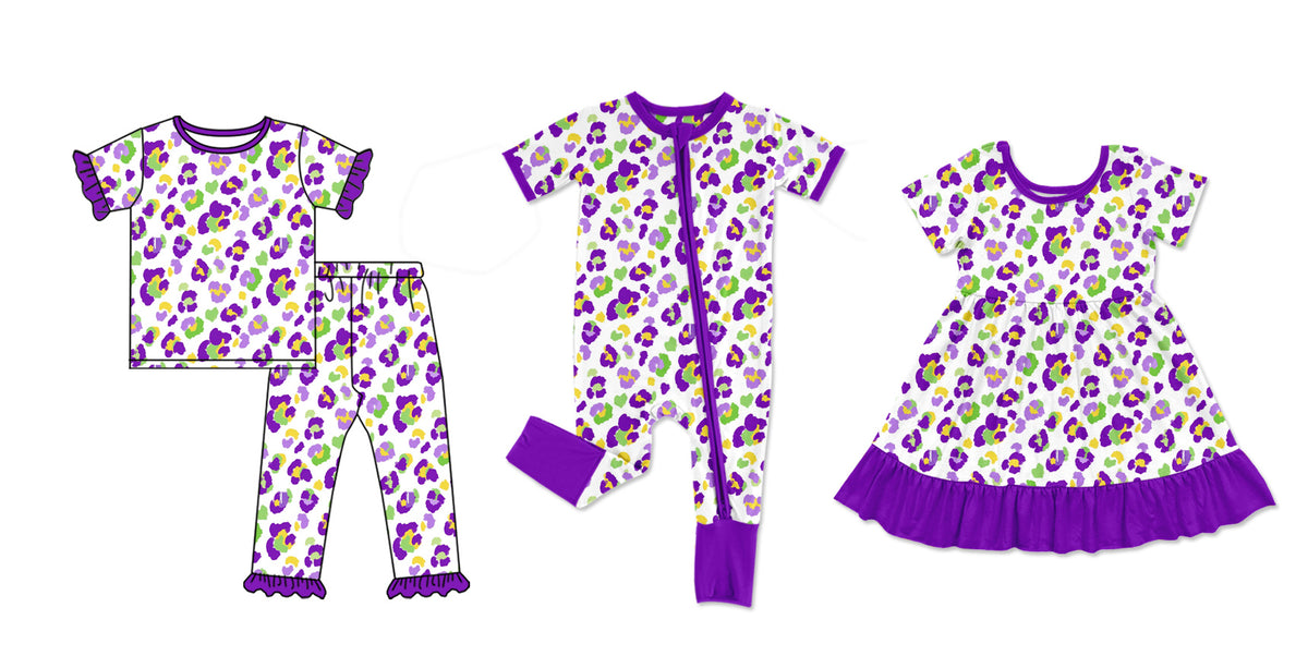 (Preorder new) No moq Baby Girls Leopard Print Ruffle Pajama Set Baby Two‑Way Zip Romper And Short Sleeve Ruffle Dress Purple Green Gold Festival Matching Sleepwear
