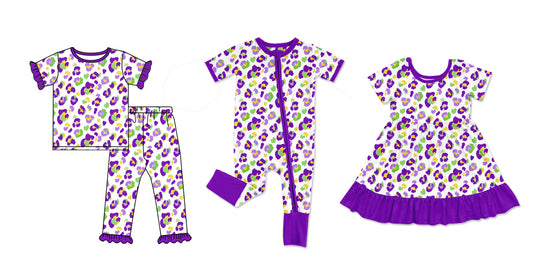 (Preorder new) No moq Baby Girls Leopard Print Ruffle Pajama Set Baby Two‑Way Zip Romper And Short Sleeve Ruffle Dress Purple Green Gold Festival Matching Sleepwear