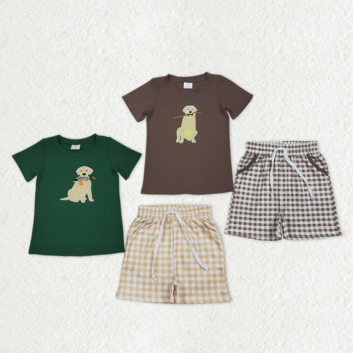 RTS NO MOQ Sibling Baby Boys Checked Hunting Clothes Set with Embroidery Dog Ducks Top And Pockets Short Baby Outfit for Boys
