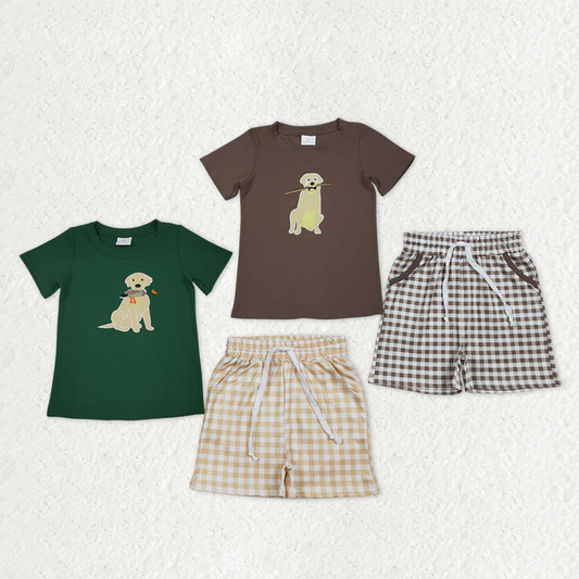 RTS NO MOQ Sibling Baby Boys Checked Hunting Clothes Set with Embroidery Dog Ducks Top And Pockets Short Baby Outfit for Boys