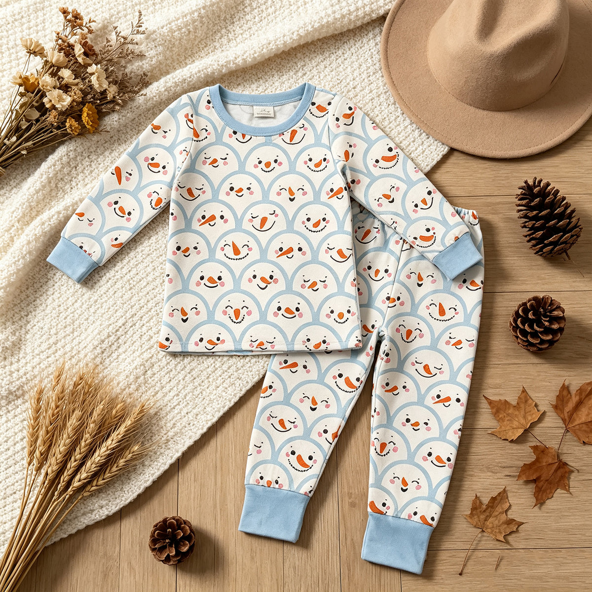 NEW RTS NO MOQ milk silk BLP1514 Baby Boys Blue Snowman Print Long Sleeve Top Pants Christmas Pajamas Set
