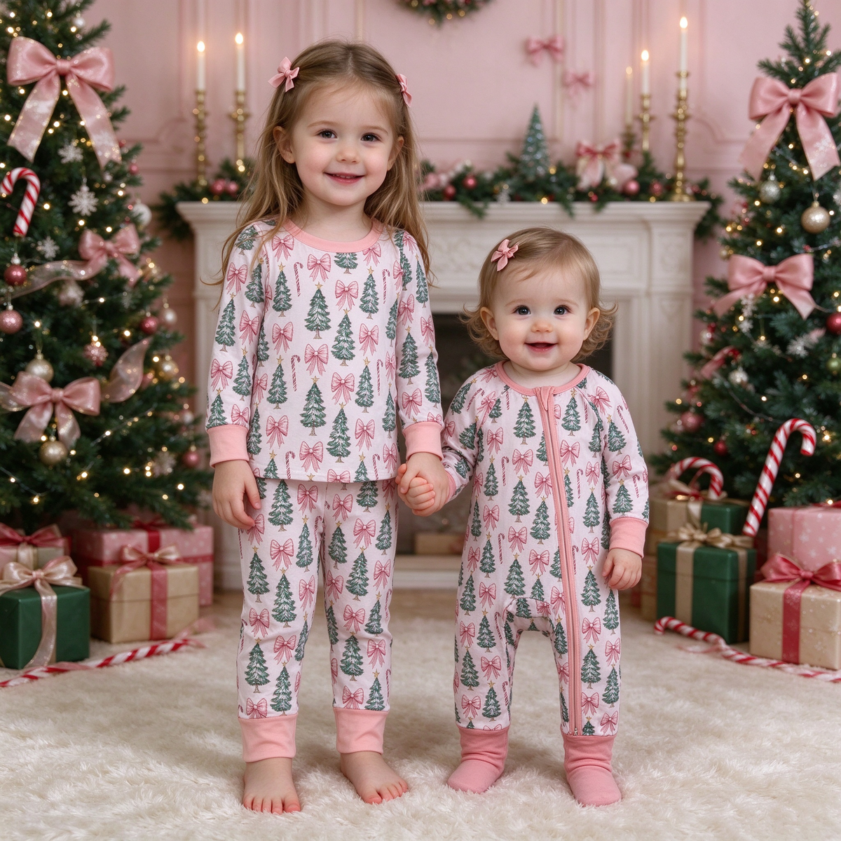 Baby Girls Christmas Trees Bows Collection - Pink Trim Lounge Set & Double Zipper Romper