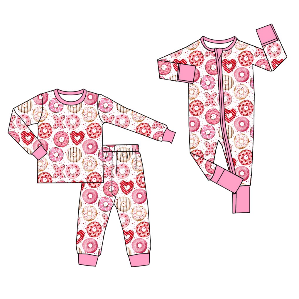 (Preorder new) No moq Baby Girls Pink Donut Heart Print Bamboo Pajama Set And Zipper Romper Valentines Outfit