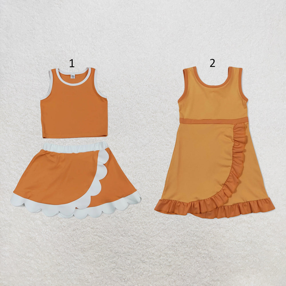 RTS NO MOQ Sibling cotton Baby Girls Orange White Sleeveless Vest Scallop Skirt Yoga Active Set Short Knee Length Dress