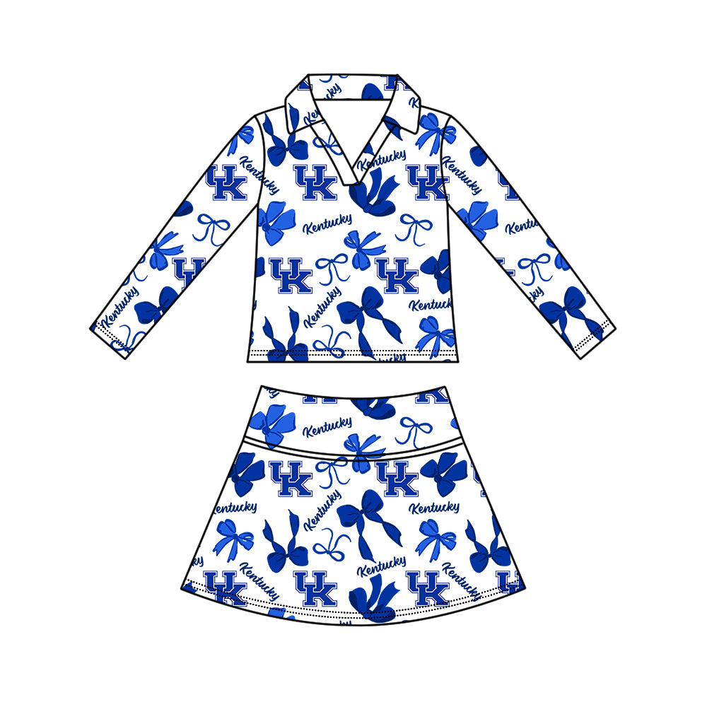 Custom moq 5 mix size summer teams Girls Polka Dot Top Shorts Set Blue Bows Top Skirt Short Set Zipper Pullover Pants Set