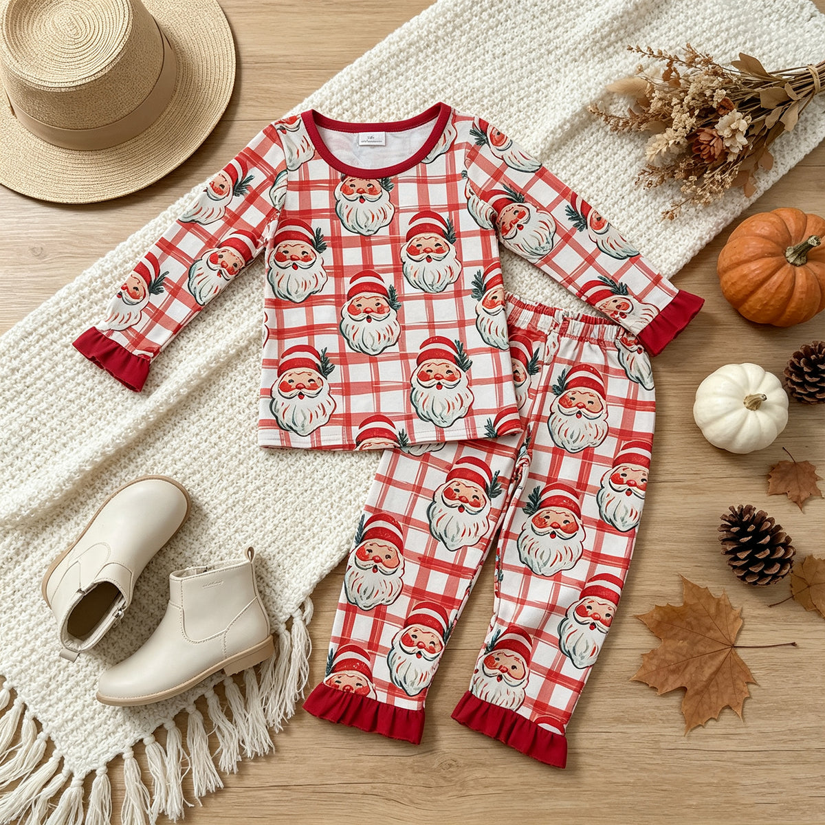 NEW RTS NO MOQ milk silk GLP3542 Baby Girls Red Plaid Santa Print Long Sleeve Top Matching Ruffle Hem Full Length Pants Christmas Pajamas Loungewear Set