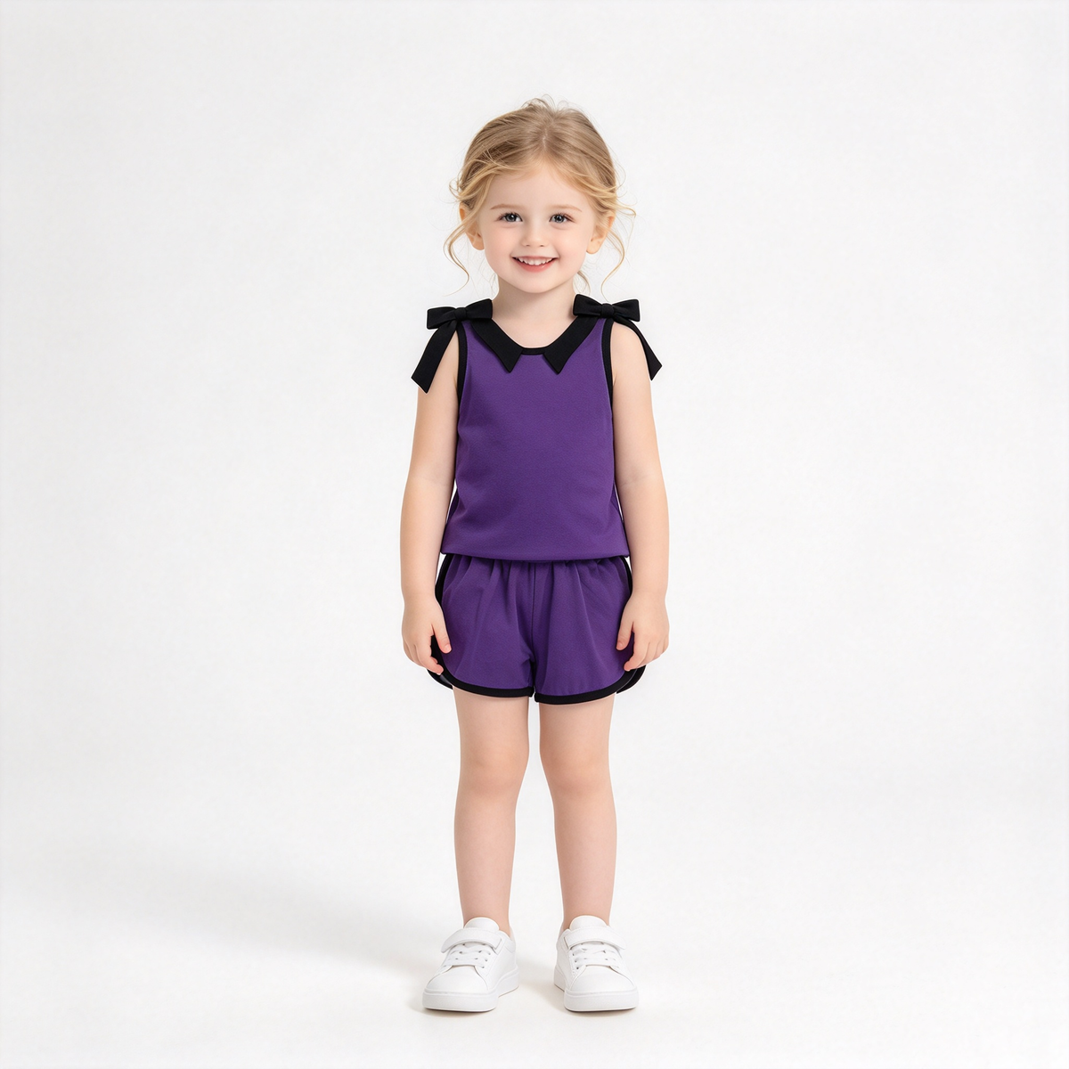 RTS NO MOQ Sibling cotton Baby Girls Bow Solid Sleeveless Top Matching Shorts Daily Set