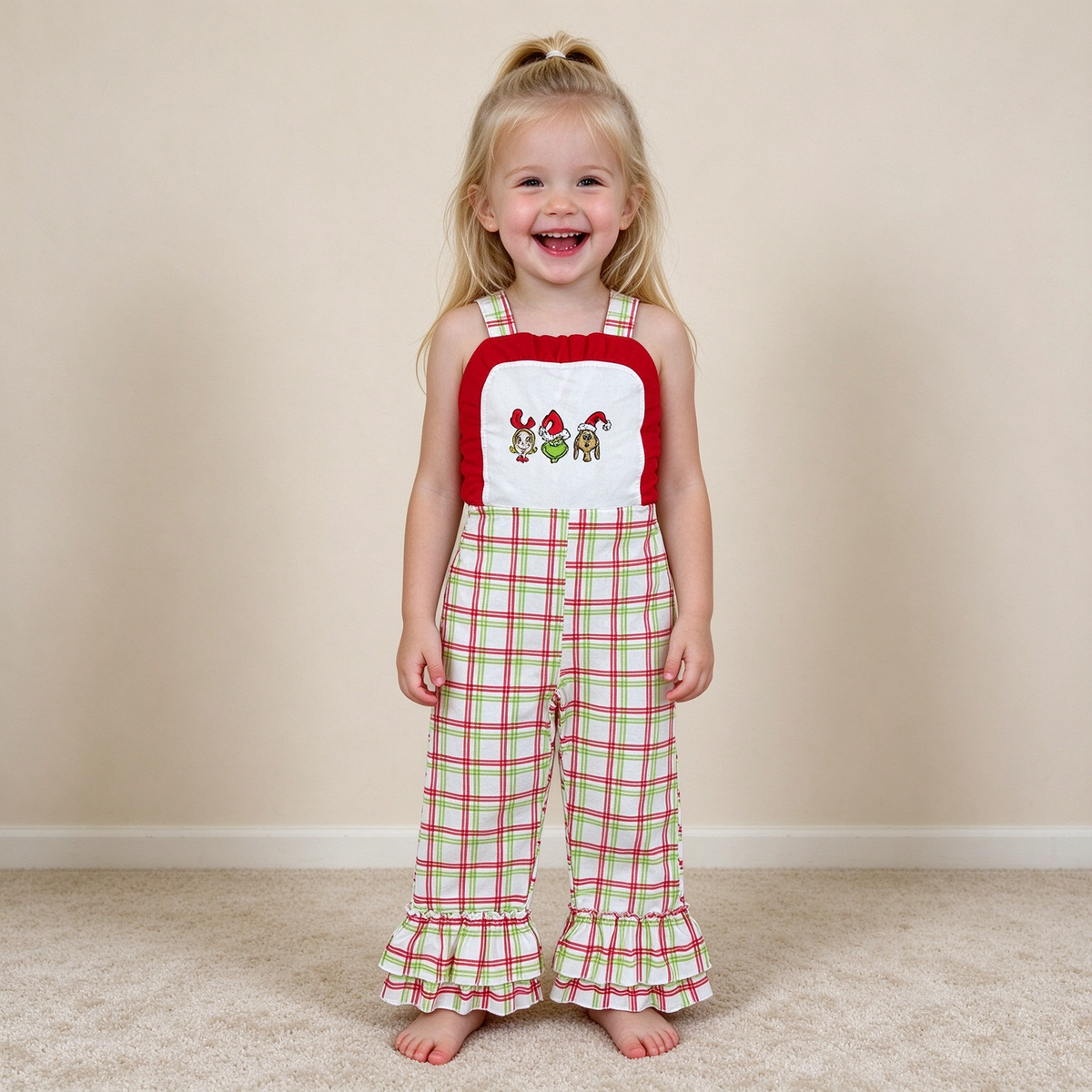 NEW RTS NO MOQ milk silk SR4282 Baby Girls Christmas Embroidery Green Strap Red Checked Ruffle Pants Christmas Jumpsuits