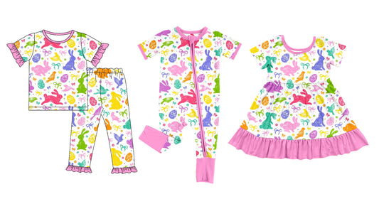 25.10.9 custom each style moq 8 eta 6-8week Sibling Sisters bunny bow baby girl short sleeve pants sets and dress and rompers match family design