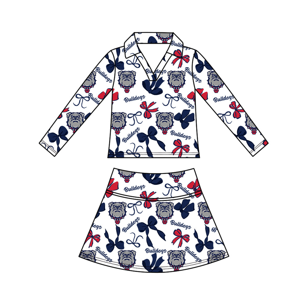 Custom moq 5 mix size summer teams Girls Navy Blue Polka Dot Top Shorts Set Top Skirt Short Set Zipper Pullover Pants Set
