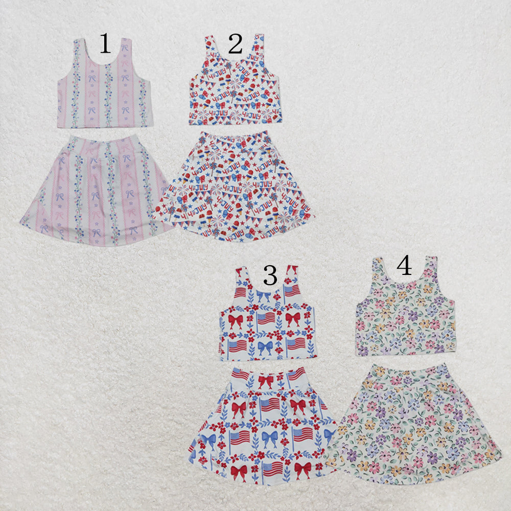 RTS NO MOQ Sibling yoga fabric Baby Girls Sleeveless Colorful Flowers Vest Skirt Shorts Yoga Active Clothes Sets