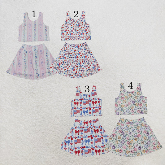 RTS NO MOQ Sibling yoga fabric Baby Girls Sleeveless Colorful Flowers Vest Skirt Shorts Yoga Active Clothes Sets