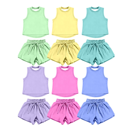 Custom moq 5 mix size Sibling Solid Color Sleeveless Yoga Outfit for Baby Girls Top And Shorts Set Toddler Girls' Active Wear