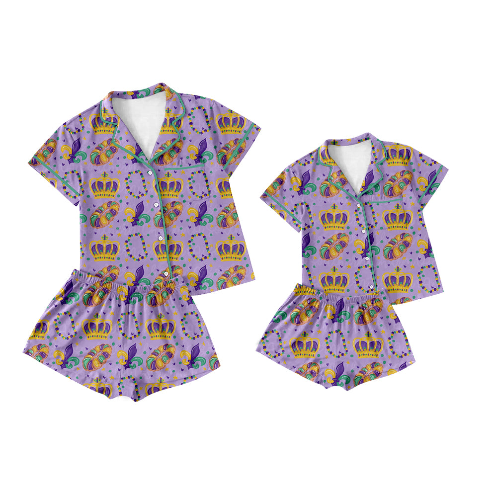 (Preorder new) No moq Adult To Match Kids Purple Print Short Sleeve Button Down Pajama Set For Mom And Kid