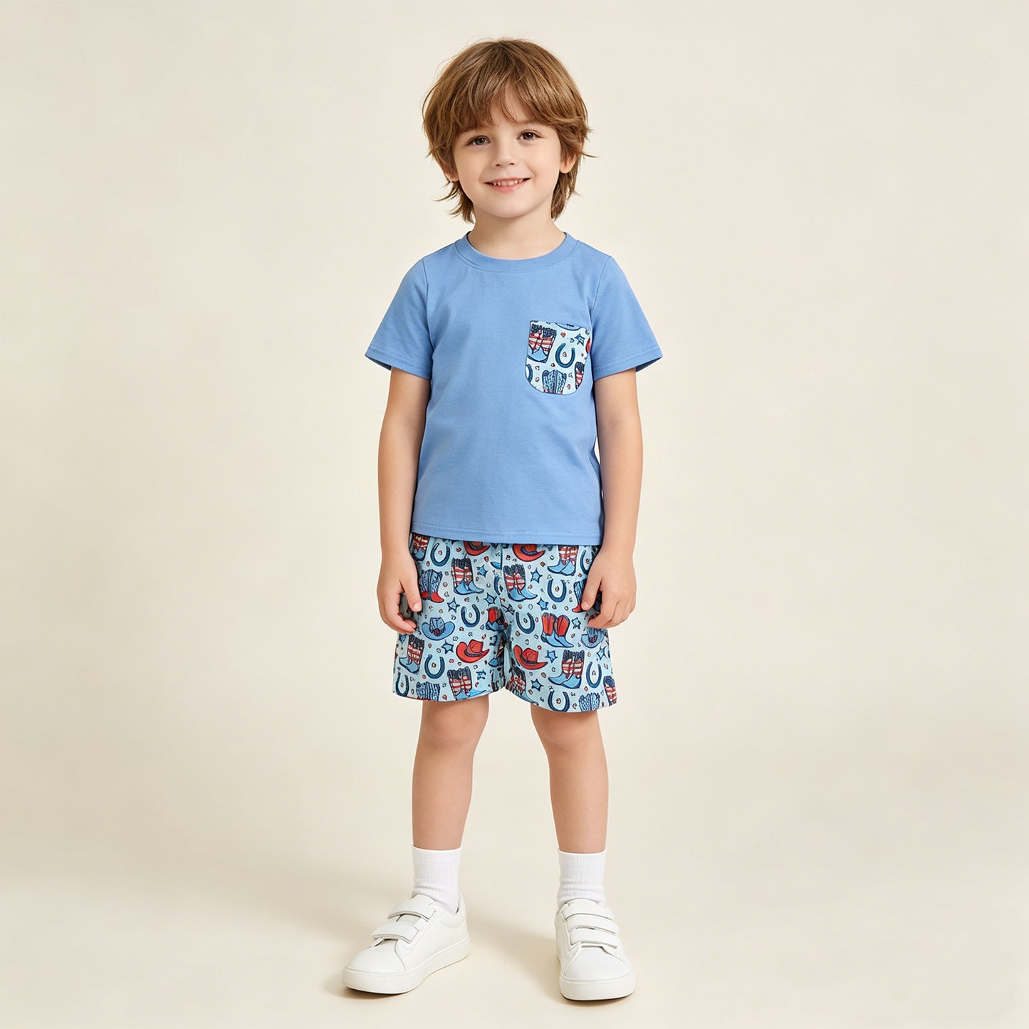 RTS NO MOQ BSSO1829 milk silk Baby Boys Pocket Shirts Stars Hats Boots Short Western Sets