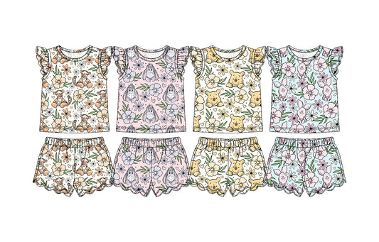 3.31 Custom moq 5 mix size Sibling Baby Girl Floral Print Flutter Sleeves Top And Scallop Shorts Set