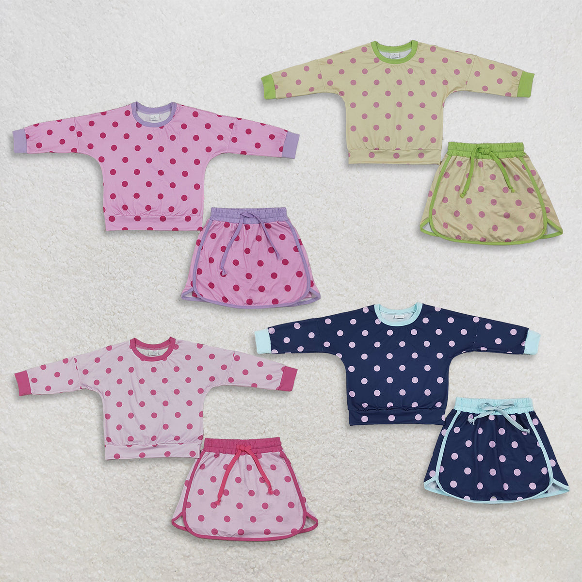 RTS NO MOQ Sibling milk silk Baby Girls Polka Dot Long Sleeve Top And Skort Matching Outfit Set