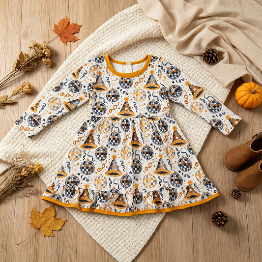 NEW RTS NO MOQ milk silk GLD1723 Baby Girls Stars Lights Happy New Year Ruffle Knee Length Long Sleeve Dress