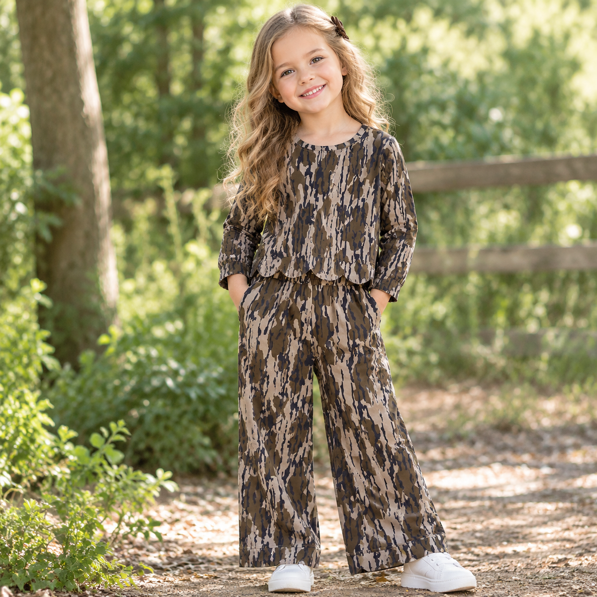 NEW RTS NO MOQ milk silk GT1686+P1143 Baby Girls Camo Scallop Trim Long Sleeve Top And Pants Pajama Set
