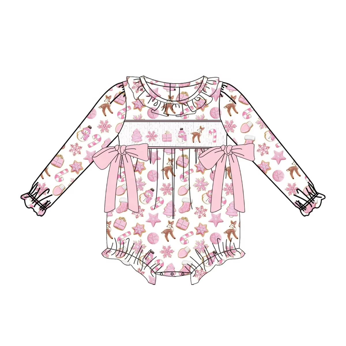 Custom moq 3 eta 6-8weeks  Embroidered Snowman Stars Pink Bow Lace Neckline Long Sleeve Romper