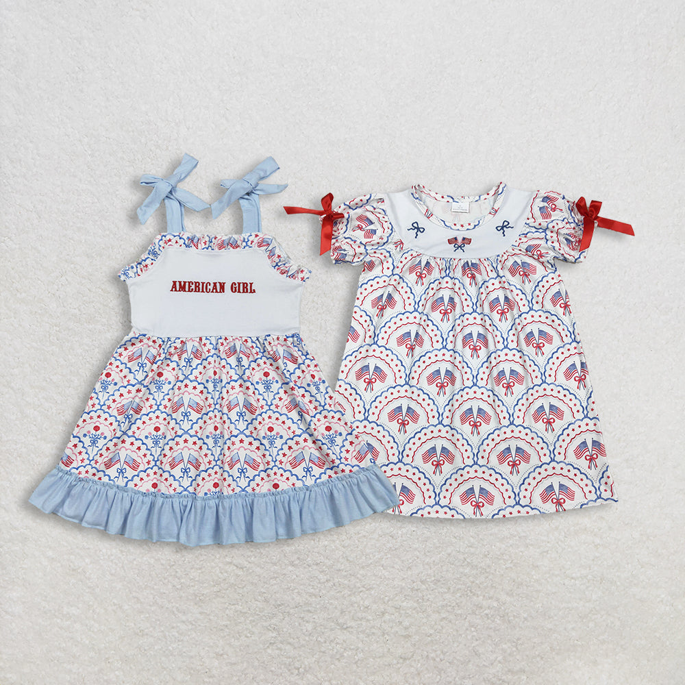 RTS NO MOQ Sibling Baby Girls Ruffle Knee-Length Dress with Embroidered American Flags And Straps Bows for 4th of July