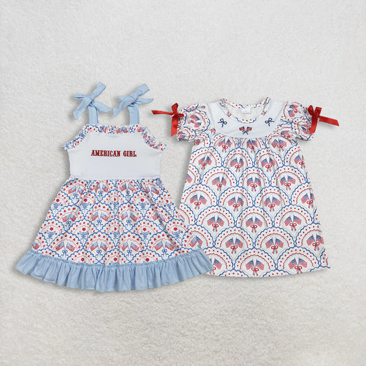 RTS NO MOQ Sibling Baby Girls Ruffle Knee-Length Dress with Embroidered American Flags And Straps Bows for 4th of July