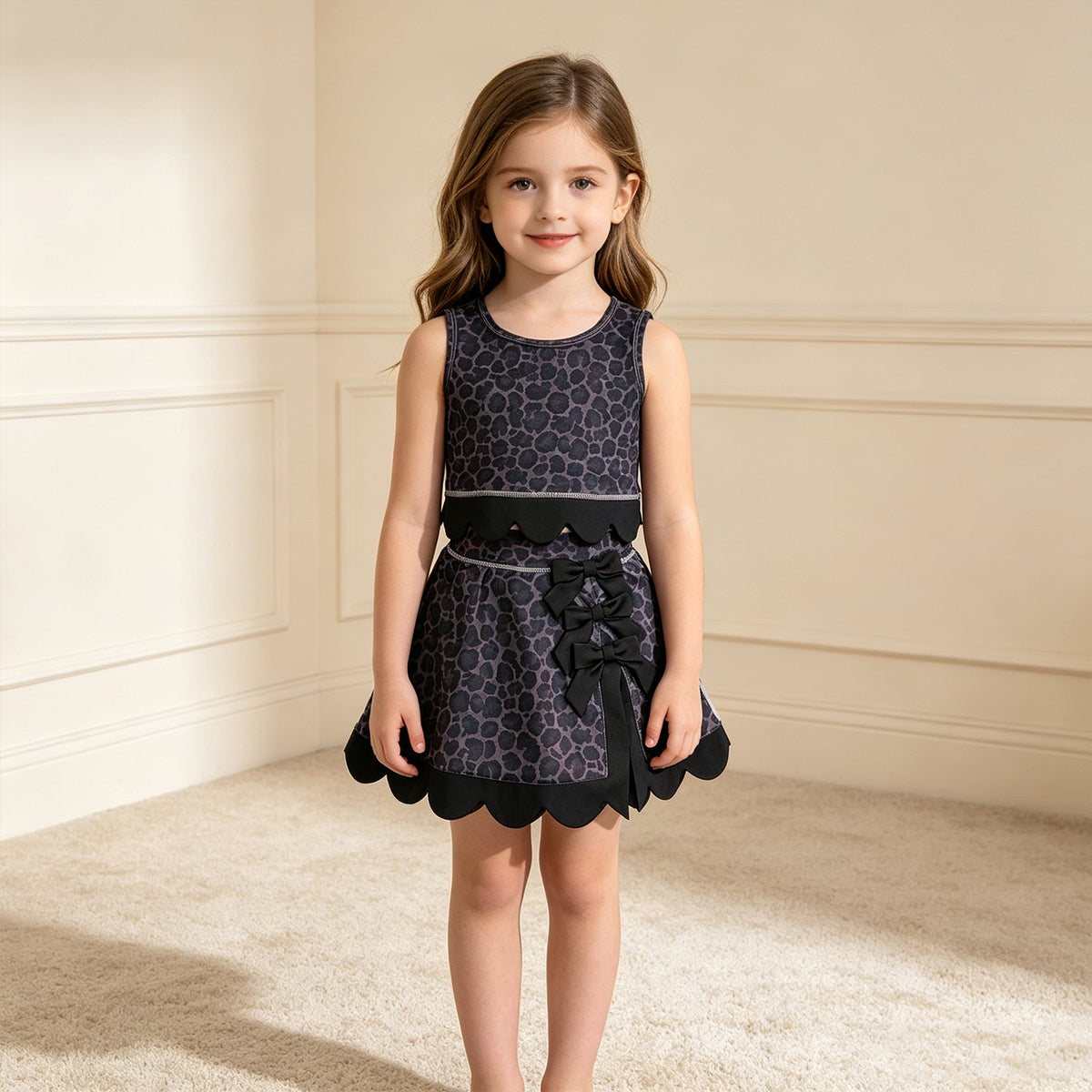 NEW RTS NO MOQ yoga fabric GSD4268 Baby Girls Black Leopard Print Vest Bows Skirt Short Yoga Active Scallop Outfit