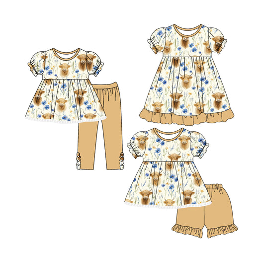4.25 custom each style moq 5eta 4-6week Sibling Sisters alpine bull head floral baby girl short sleeve shorts sets and pants sets and dress match family design