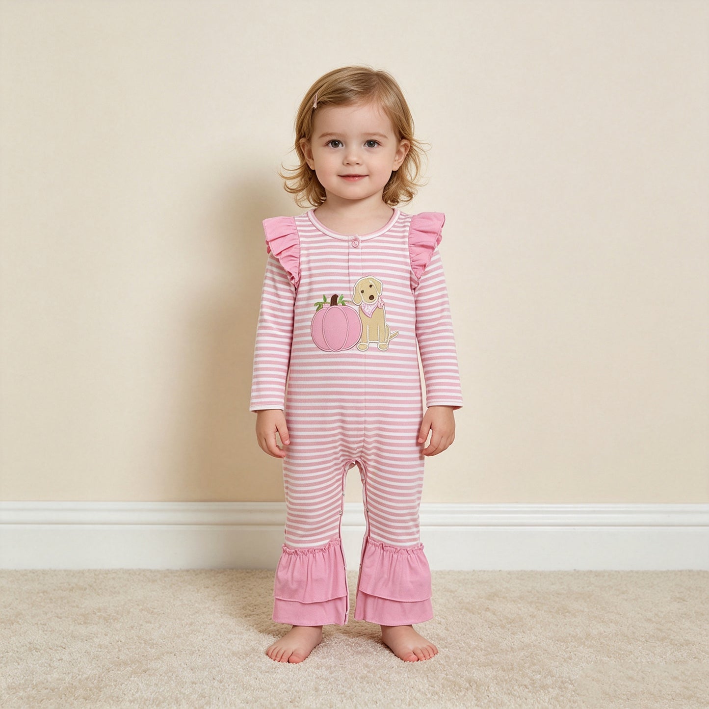 NEW RTS NO MOQ milk silk LR3140 Embroidery Baby Girls Pink Stripe Pumpkin Dog Print Long Sleeve Ruffle Fall Romper