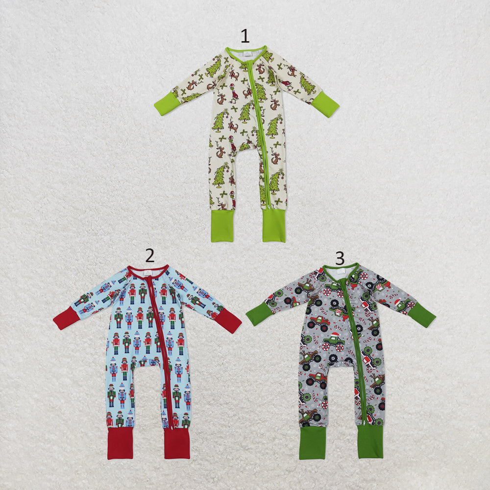 RTS NO MOQ Sibling milk silk Baby Boys Girls Christmas Long Sleeve Two Way Zip Convertible Rompers