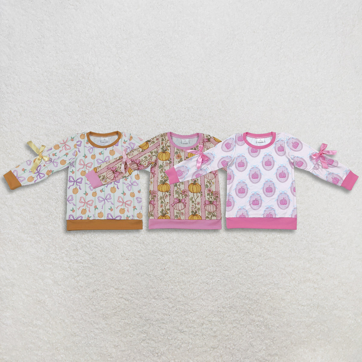RTS NO MOQ Sibling milk silk Baby Girls Cute Fall Pumpkin Bow Print Long Sleeve Top With Sleeve Bow