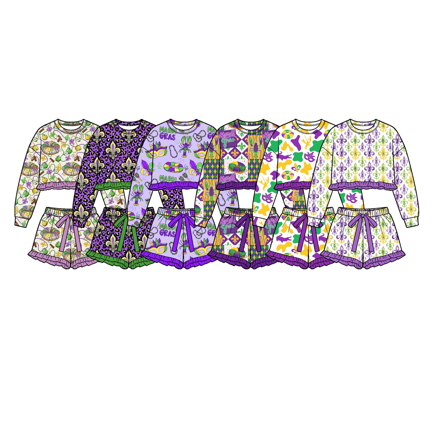 (Preorder new) No moq Baby Girls Purple Print Ruffle Long‑Sleeve Sweatshirt Skirt Set