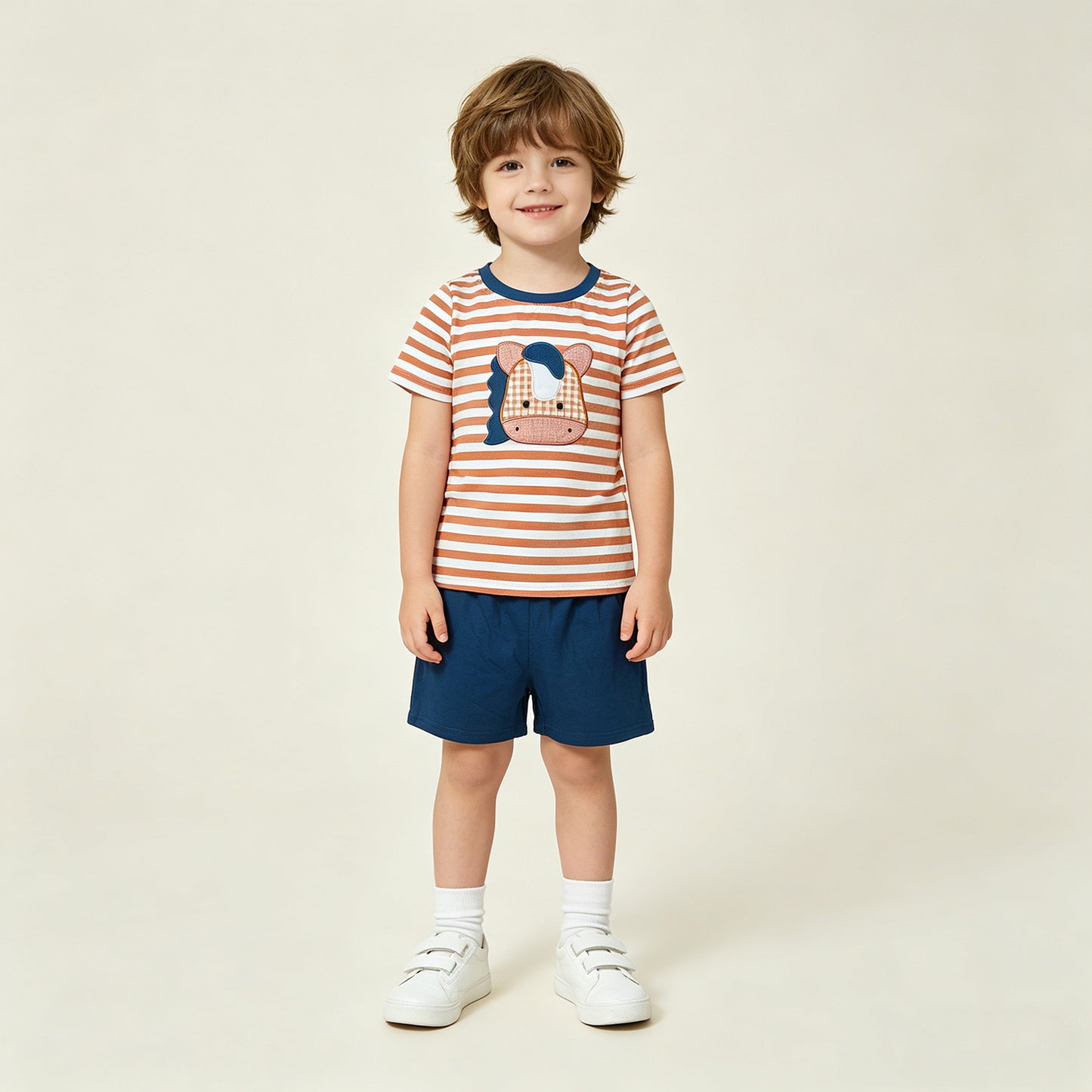 RTS NO MOQ BSSO0380 Baby Boys Stripe Top Embroidery Horse Pattern Shorts Western Casual Set